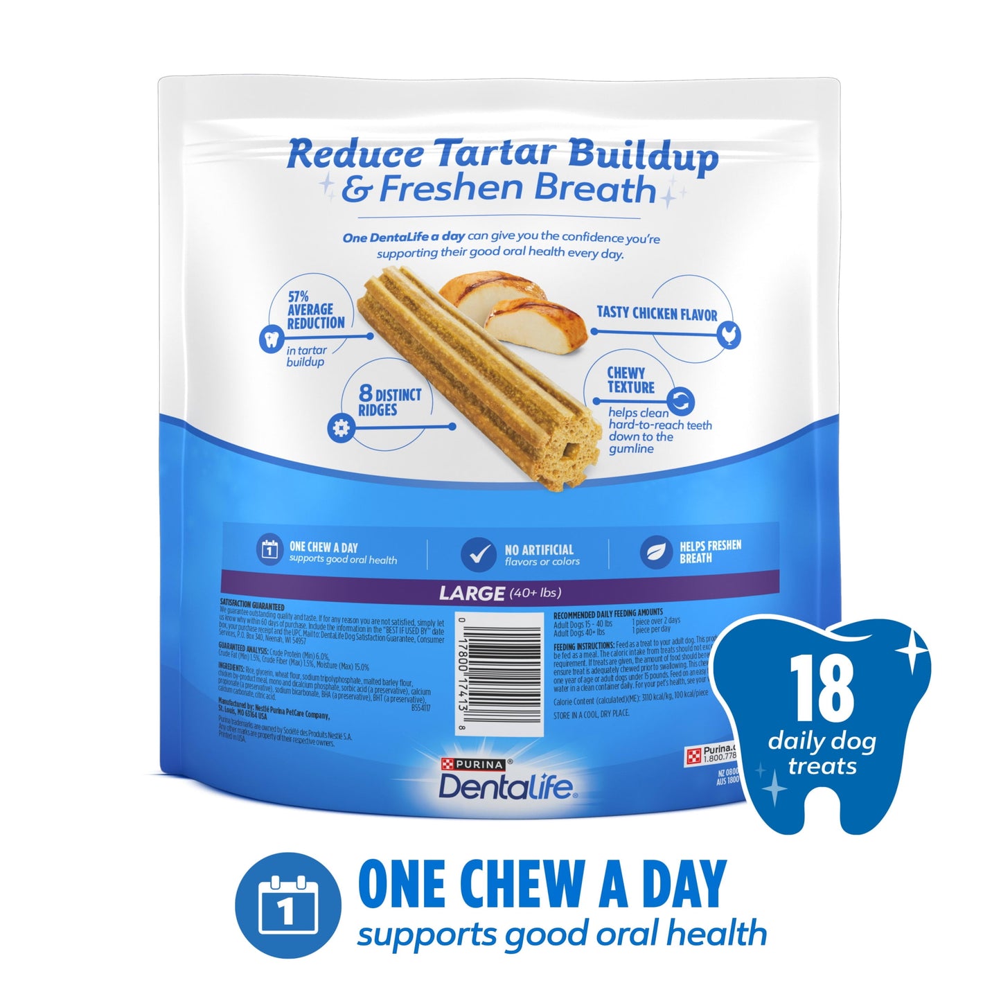 Purina Daily Oral Care Chicken Flavor Large Breed Dog Dental Chews – 20.7 Oz Pouch (18Ct)