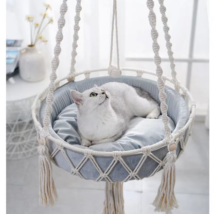 Bohemian Macrame Cat Hammock Swing Bed | Handwoven Cotton Tapestry for Home Decor | Perfect for Small Kittens – Cushion Not Included