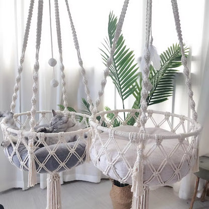 Bohemian Macrame Cat Hammock Swing Bed | Handwoven Cotton Tapestry for Home Decor | Perfect for Small Kittens – Cushion Not Included