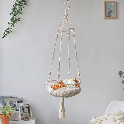 Bohemian Macrame Cat Hammock Swing Bed | Handwoven Cotton Tapestry for Home Decor | Perfect for Small Kittens – Cushion Not Included